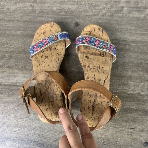 American Eagle Womens Sandals Size 6 Ankle Strap Wedge Heels Open Toe Brown - Picture 8 of 10